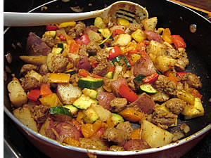 One-pan leftover meal of chicken, veg, herbs and spices