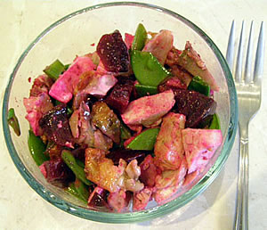 Scrap Salad of roast chicken, beetroot and snow peas with oil and vinegar