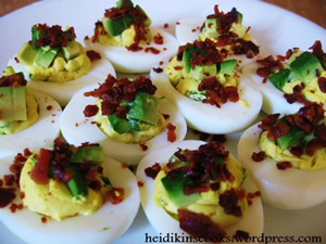 Deviled eggs with avocado and bacon