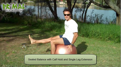 Seated Swiss Ball Balance With Calf Hold and Single Leg Extension